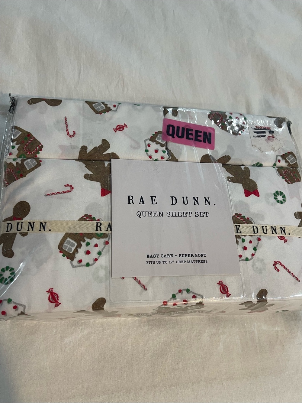 Rae Dunn Queen Sheet Set — White with Brown Gingerbread & Red/Green Accents